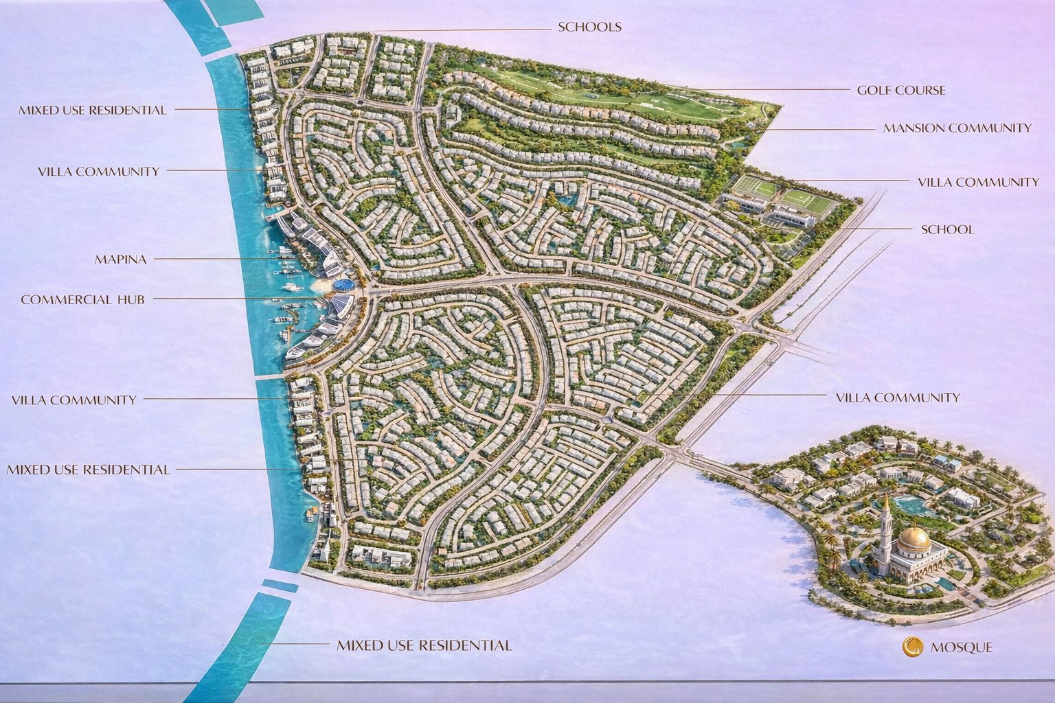 Sobha City Abu Dhabi master plan with marina, villa communities, golf course, schools and mosque