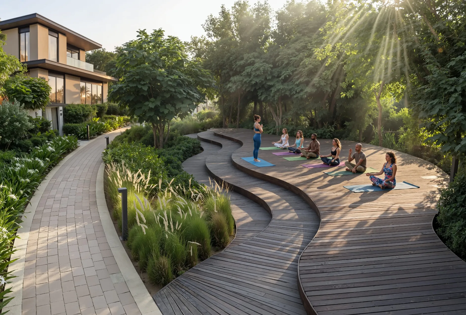 Outdoor wellness session surrounded by lush greenery