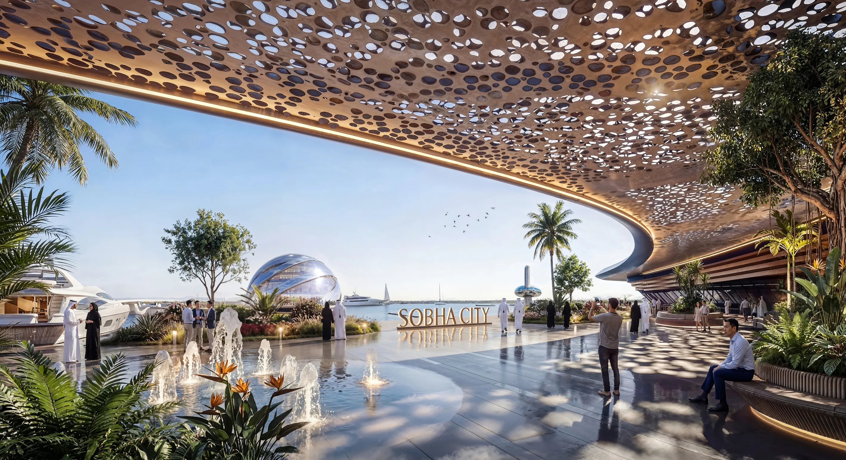 Sobha City waterfront promenade with marina, fountains and shaded pavilion